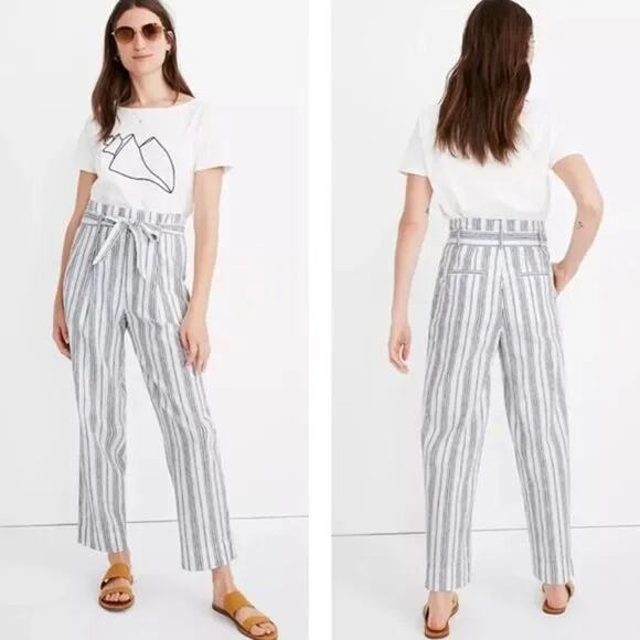 [Madewell] Baltic Striped High Waist Paperbag Straight Leg Linen Blend Pants 14 - Picture 1 of 12